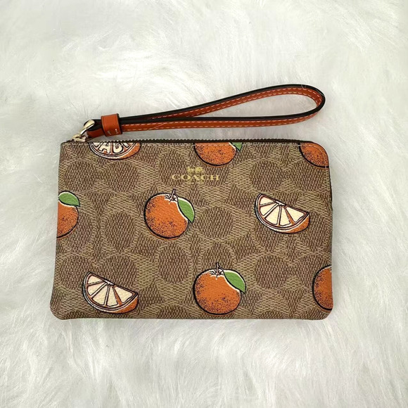 Coach Corner Zip Wristlet In Signature Canvas With Orange Print In Tan CBB82 NWT - Picture 1 of 5